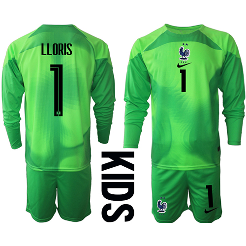 Camiseta Francia Hugo Lloris #1 Portero Visitante Equipación para niños Mundial 2022 manga larga (+ pantalones cortos)